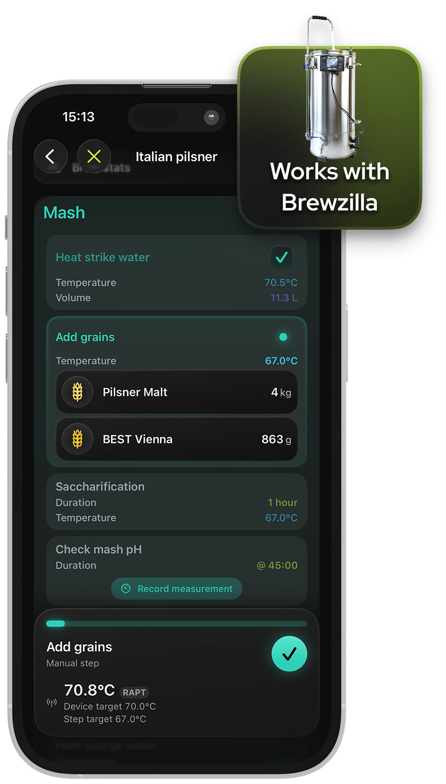FERMNTR brew-day screen on iPhone with steps, timers and temperatures